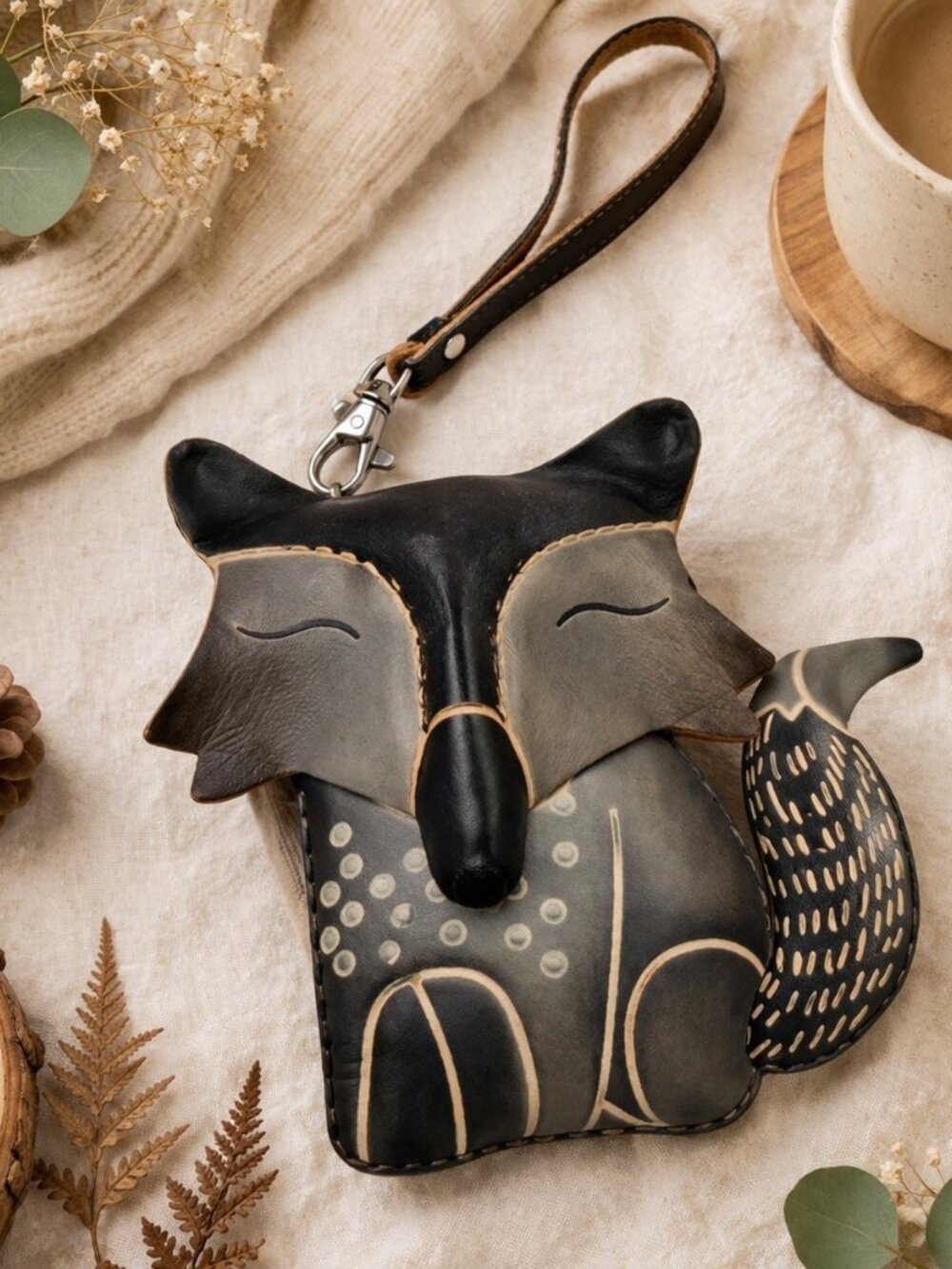 Handmade Leather Fox Wristlet Wallet Gray Minimalist Woodland Animal Coin Purse